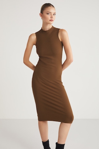 Grımelange Pannı Kadın Bisiklet Yaka Kolsuz Slim Fit Midi Kahverengi Elbise