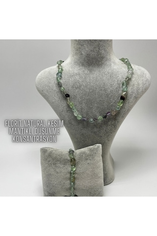 Yıldız Doğal Taş Florit Natural Kesim Makrome Doğal Taş Bileklik Ve Kolye Set Yeşil