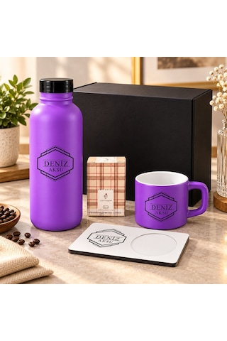 Bk Gift Kişiye Özel İsimli Mor Cam Suluk & Kahve Fincanı & Türk Kahvesi & Mdf Altlıklı - Hediye Kutulu Mor Set-3