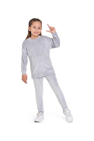 Kadife Basic Düz Renk Çocuk Takım Gri