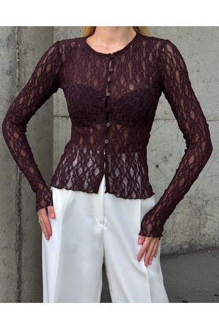 Kadın Bisiklet Yaka Önden Düğmeli Full Esnek Dantel Bürümcük Spor Şık Tasarım Gece Bluzu Kahverengi