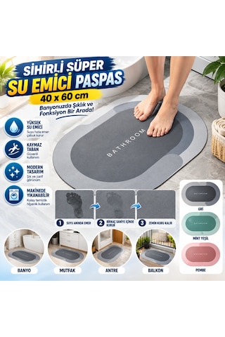 Kahveci.store Sihirli Süper Su Emici Kaymaz Tabanlı Oval Paspas 40 60 Cm 22 Çok Renkli