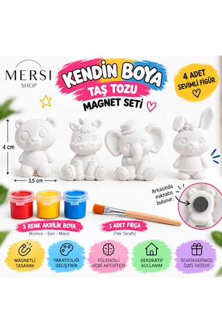 4 Lü Kendin Boya Taş Tozu Magnet Seti Hayvan Figürleri, 3 Renk Boya Ve Fırça