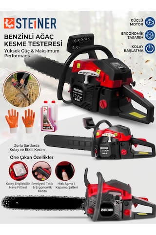 Steiner 2.8 Hp Turbo Profesyonel 52cc Çift Egzoz 50cm Ağaç Odun Dal Kesme Benzinli Testere Hızar Makinesi Kırmızı