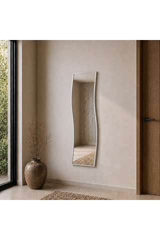 Modern Dalgalı Boy Aynası 40x120 Cm Organik Formlu Minimalist Dekoratif Duvar Aynası 2026 Trend Gümüş