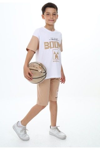 Erkek Çocuk Boom Baskılı Kısa Kollu Şortlu Takım-5909-Bej