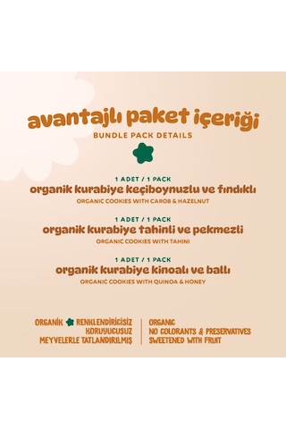 Organik Vegan Keçiboynuzlu Tahinli Ballı Kinoalı Kurabiyeler Atıştırmalık Paketi - 3 Adet 3 Çeşit 165 G