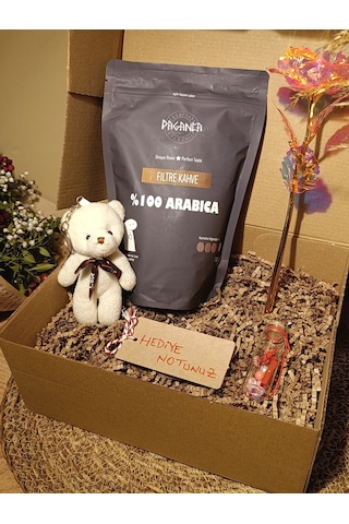 Kutulu Hediye Seti Beyaz Ayıcık Anahtarlık - Filtre Kahve 250 Gr. - Dilek Şişesi - Sonsuzluk Gülü