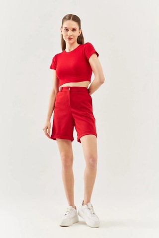 Kadın Kısa Kol Bisiklet Yaka Vücuda Oturan %100 Pamuklu Kaşkorse Esnek Crop Bluz Kırmızı