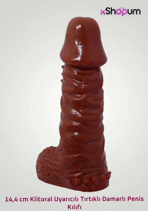 xShopum 14,4 Cm Klitoral Uyarıcılı Tırtıklı Damarlı Penis Kılıfı