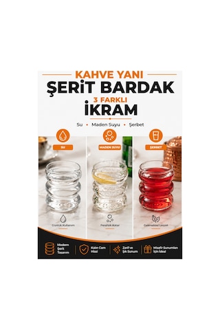 6'lı Cam Kahve Yanı Şerit Bardak Su, Maden Suyu Ve Şerbet Sunum Bardağı Şaffaf