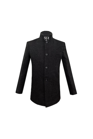 Süvari Rahat Kalıp Hakim Yaka Kareli Yünlü Siyah Kaban Siyah