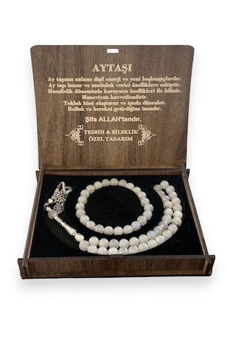 Ay Taşı Tesbih Ve Bileklik Seti Özel Tasarım Ahşap Kutusunda