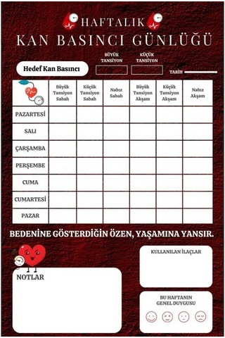 Tansiyon Ölçüm Takip Çizelgesi Defteri A Kalite Özel Tasarım 6 Aylık A6 Boyut Sarı