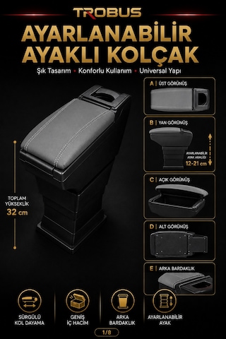 Trobus Renault Megane 1 1996-2003 Uyumlu Ayarlanabilir Ayaklı Kolçak Kol Dayama Bardaklıklı Gri