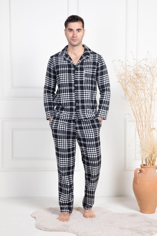Mecit Pijama Mecit 2950 Beyaz Ekoseli Büyük Beden Kışlık Erkek Pijama Takımı Beyaz