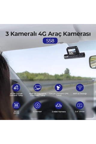 S58 4g Sim Kartlı Ticari Yönetmelik Uyumlu 4k 3 Kameralı Araç Kamerası - Sos Butonlu