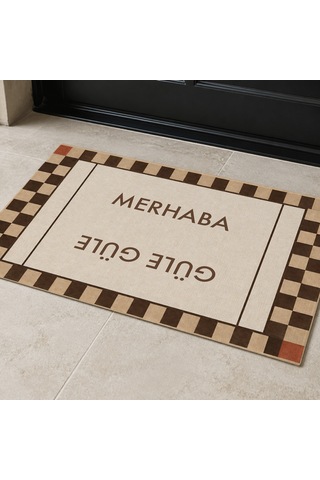 Kartela Halı Merhaba Güle Güle Damalı Kapı Paspası Bej Kaymaz Kauçuk Taban Yıkanabilir 60x90 Cm