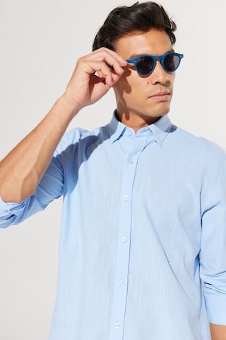 AC&Co / Altınyıldız Classics Tailored Slim Fit Dar Kesim Düğmeli Yaka %100 Pamuk Erkek Gömlek Mavi