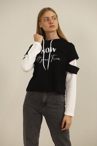 Gabria Kadın Kapşonlu Desenli Sweat Siyah (508950221)