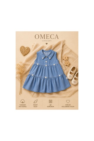 Omeca Concept Kız Bebek Papatya İşlemeli Kot Elbise Mavi