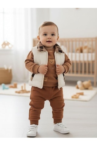 Erkek Bebek Yelekli 3 'lü Eşofman Takım-16230 Kahverengi