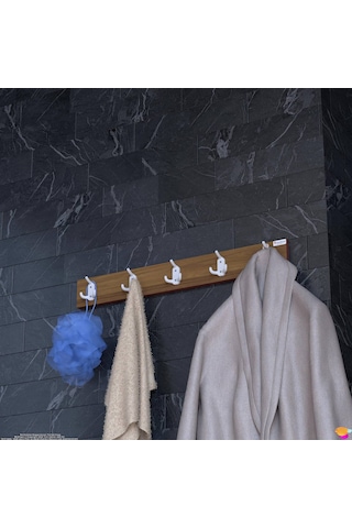 Modilayn Arı Serisi 81,4x9,6 Cm 15 Kancalı - 5'li Set Banyo Askısı Ekstra Düzen Ve Yer Tasarrufu Beyaz - Ceviz