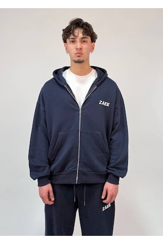 Zaee İnce Kumaş Nakışlı Oversize Premium Zip Hoodie Lacivert