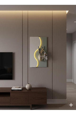 Manolya Ahşap Pilli Ledli İskandinav Tarzı Salon Duvar Rafı Modern Çiçeklik 40 X 70 Cm Yeşil - Paris Grisi