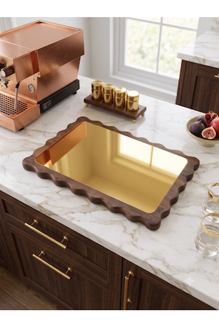 Famwoodart Dikdörtgen Papatya Gold Doğal Ahşap Peynir Ve Sunum Tabağı, Kahvelik, Yağdanlık, Pasta Ve Kek Standı %100 Çam Ceviz - Gold