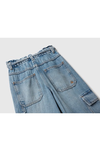 Mayoral Benetton Kız Çocuk Koyu Mavi Beli Bağlamalı Kargo Stili Wide Fit Denim Pantolon Açık Mavi