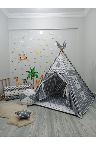 Meloon Kızıldereli Çocuk Oyun Çadırı Devrilmeyen Sabitleme Mekanizmalı Gri - Beyaz