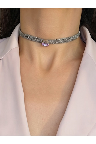 Kordon Zincir Örme Kristal Taşlı El Yapımı Choker Tasma Lila Silver Renk Kolye