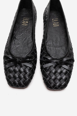 Luvishoes Garen Siyah Örgü Hakiki Deri Fiyonklu Kadın Babet Ayakkabı