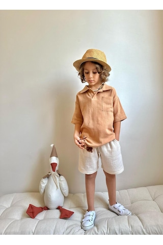Jolly Kids Erkek Çocuk Müslin Kumaş Gömlek Yakalı Takım Kahverengi