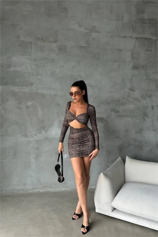 Kadın Leopar Sırt Ve Göğüs Dekolteli Mini Elbise Dpnbdf079 Kahverengi