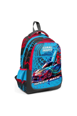 Coral High Gri Mavi Yarış Arabası Desenli Erkek Çocuk İlkokul Çantası ve Günlük Sırt Çantası