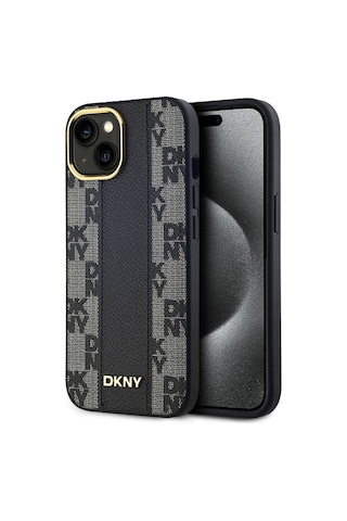 Apple Uyumlu iPhone 15 Kılıf Dkny Lisanslı M-safe Şarj Özellikli 3d Yazılı Checkered Pattern Kapak Siyah