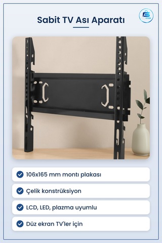 Sabit Tv Ası Aparatı 106x165 Mm Çelik Duvar Montaj Düz Ekran Lcd