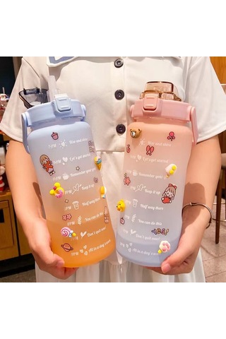 Padalink 2000ml Gradient Pembe Plastik Suluk - Süper Kapasite, Pipetli, Dayanıklı, Sticker Ve 3d Hediyeli - Ev Kullanıma İdeal Büyük Suluk Çok Renkli