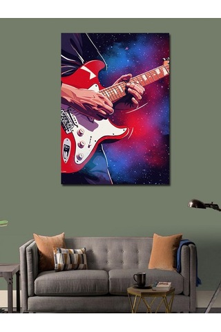 Kanvas Tablo Kırmızı Gitar Ve Kozmik Arka Plan 70cmx100cm