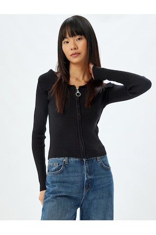 Koton Fermuarlı Hırka Uzun Kollu Slim Fit Siyah 5wal90037ıt