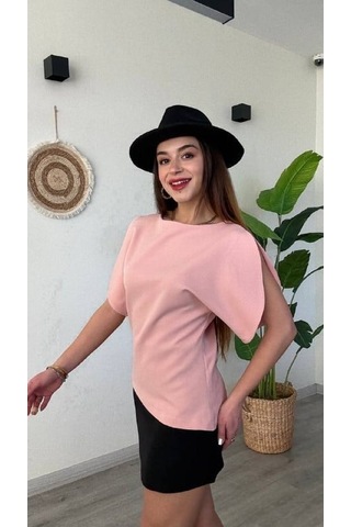 Modadua Bisiklet Yaka Pembe Balon Kol Bluz Modern Şık Ofis Bluzu Pudra