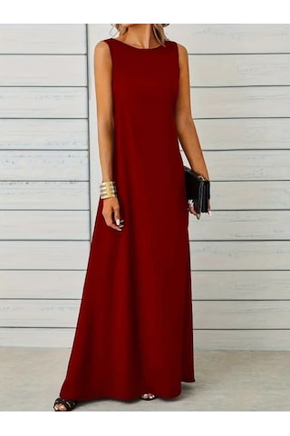Ahes Shopping Kadın Kolsuz Kayık Yaka Maksi Janjan Krep Elbise Kırmızı