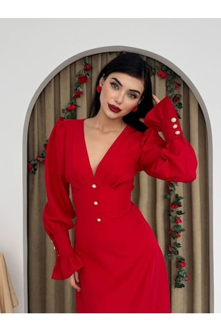 Meta Düğme Detaylı Elbise Altın