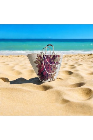 Hasır Çanta, Plaj Çantası, Tasarım Çanta, Pembe Mor Desenli El Çantası Ekru