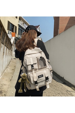 White Çoklu Cep Sırt Çantası Erkekler Kanvas Ekleme Toka Beyaz