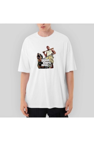Grand Theft Auto Five Dog And Man Oversize Beyaz Tişört Beyaz