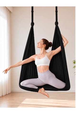 Yoga Hamağı Fly Salıncağı Yükseklik Ayarlanabilir Antigravity Esnek Askılı Denge Spor Aleti Pilates Fitness Denge Esneme Gerdirme Gelişim Siyah