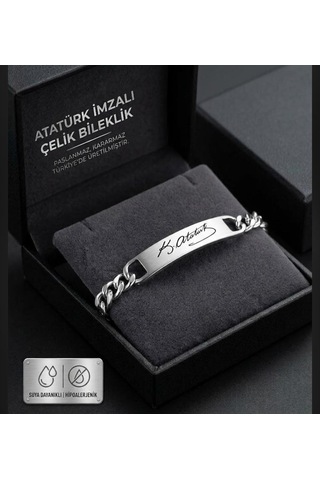 Atatürk İmzalı Erkek Çelik Bileklik Paslanmaz Çelik Zincir Bileklik Lazer Baskılı Şık Tasarım Altın